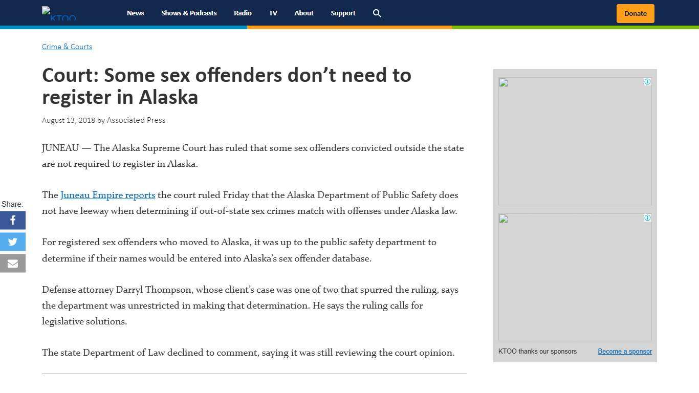 Court: Some sex offenders don't need to register in Alaska